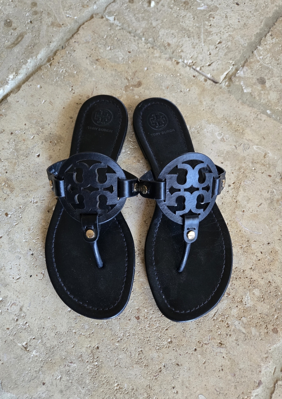 Tory Burch Black Logo Cutout Leather Sandals